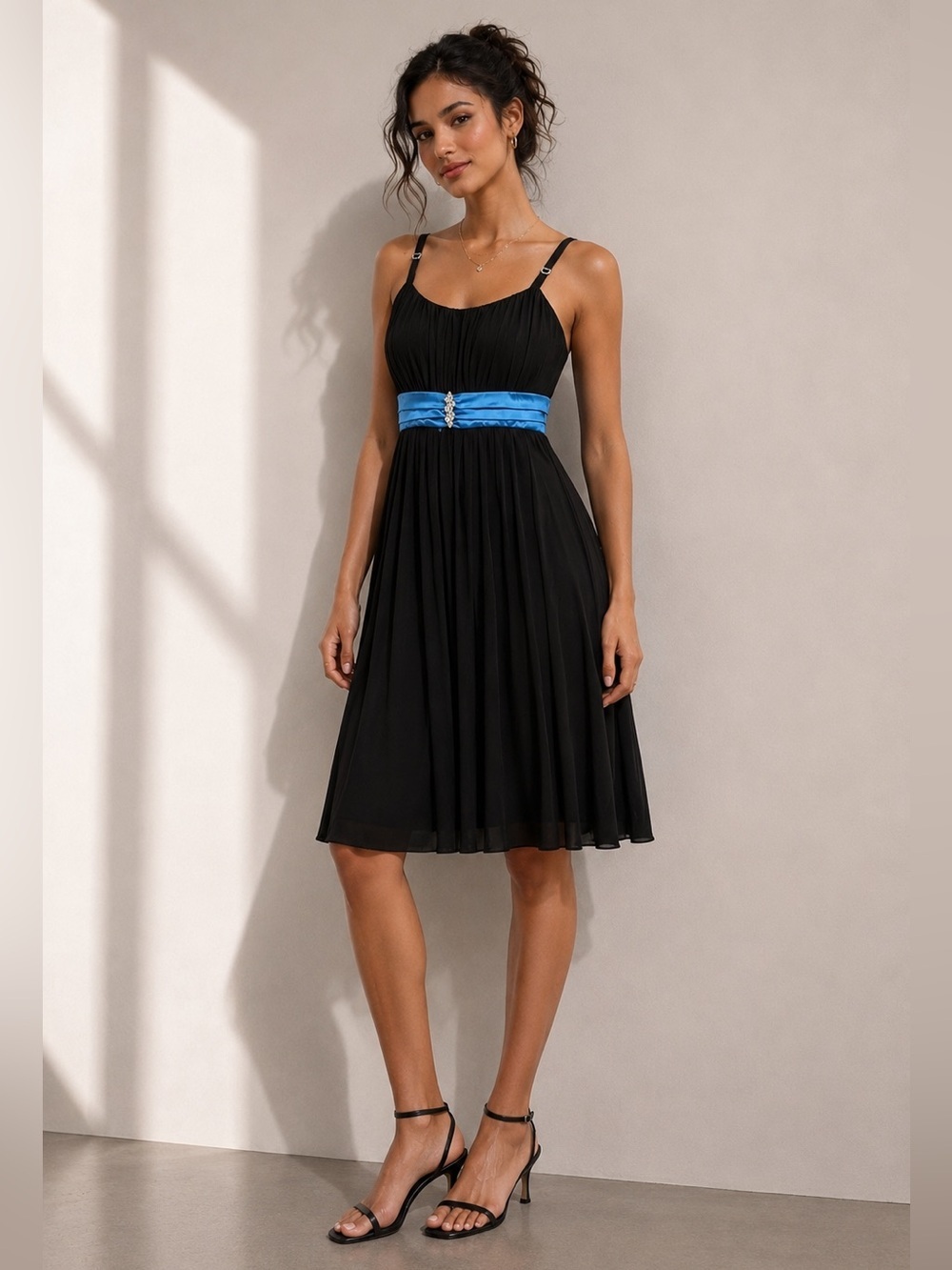 Deb Black Pleated Dress with Turquoise Satin Waist Tie – Size 1X